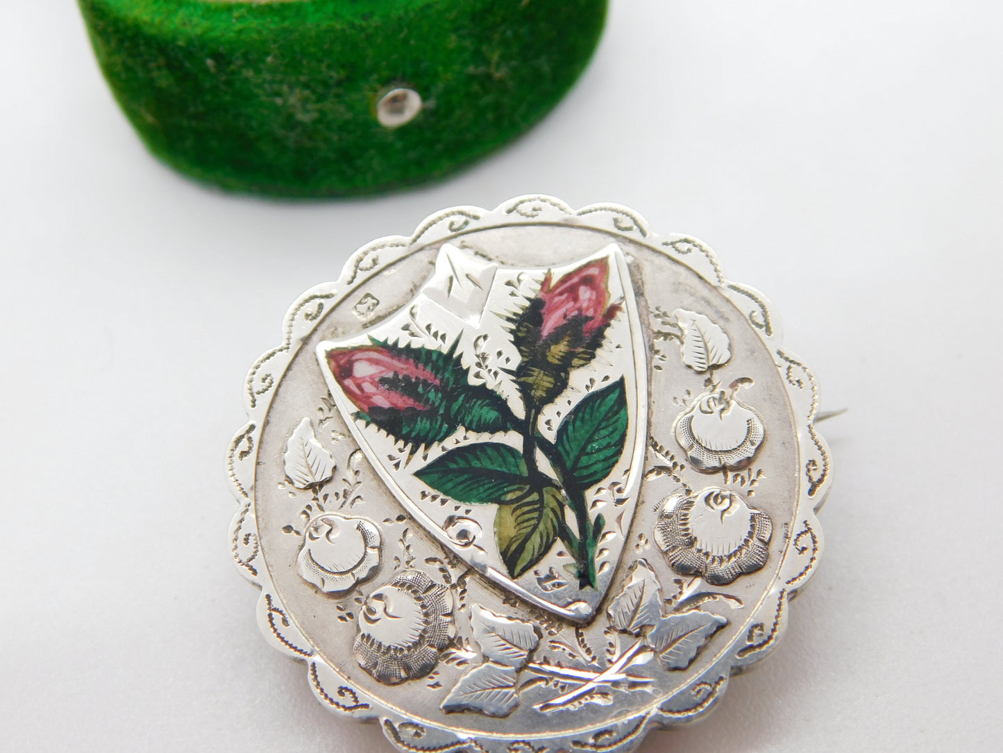 Victorian Sterling Silver Enamel Rose Flower Mourning Locket Brooch Antique 1894