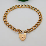 Edwardian 9ct Rose Gold Curb Link Charm Bracelet Heart Lock Clasp Antique c1910