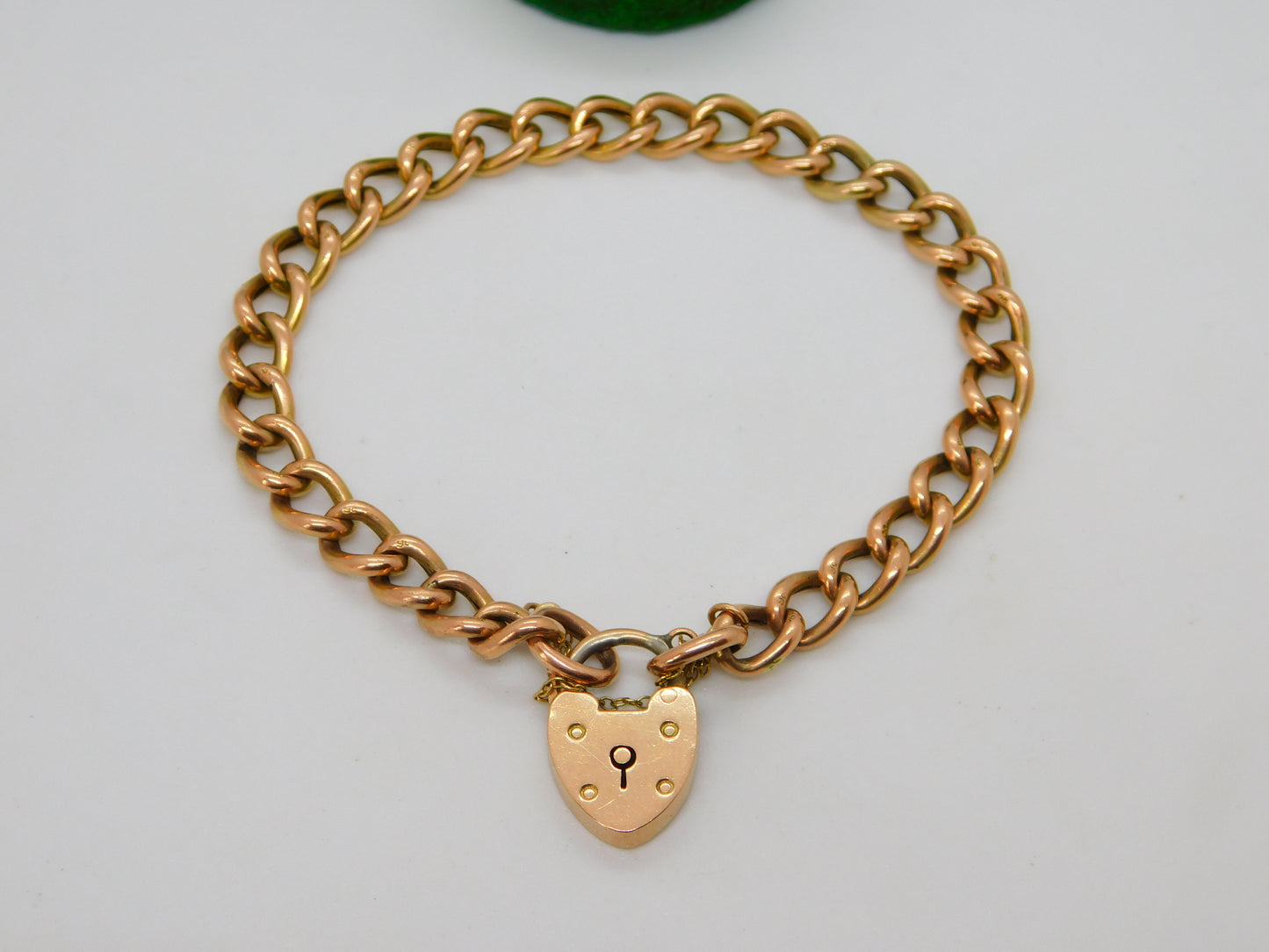 Edwardian 9ct Rose Gold Curb Link Charm Bracelet Heart Lock Clasp Antique c1910