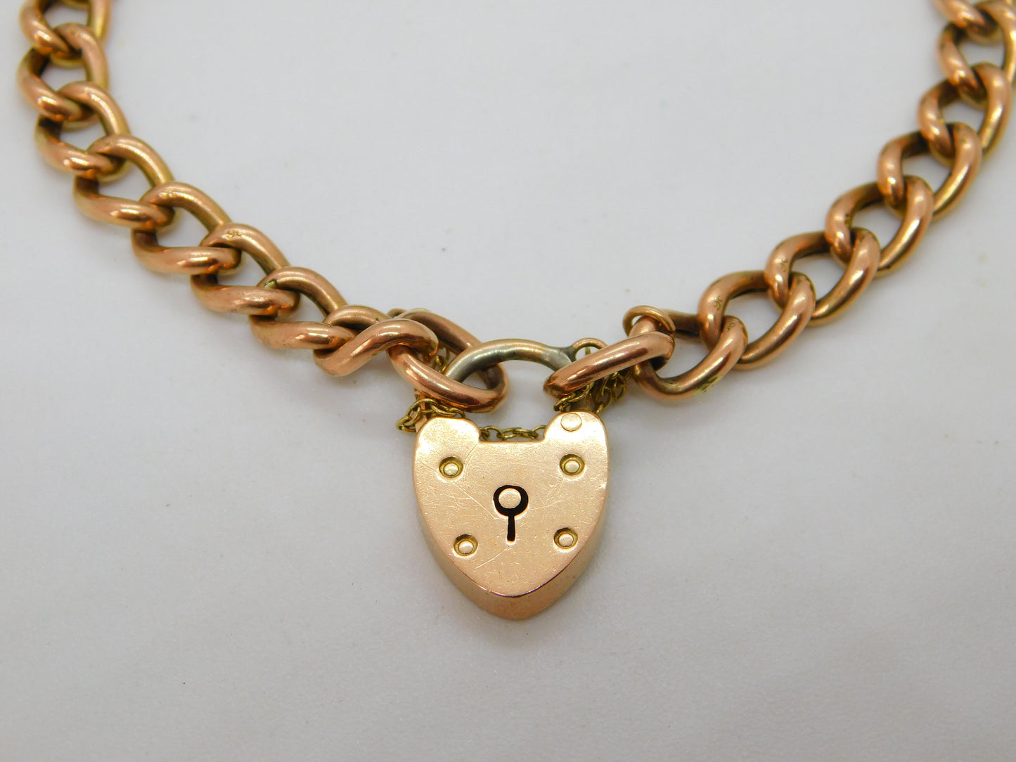 Edwardian 9ct Rose Gold Curb Link Charm Bracelet Heart Lock Clasp Antique c1910