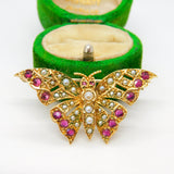 9ct Yellow Gold Ruby & Seed Pearl Butterfly Brooch Antique c1920 Art Deco