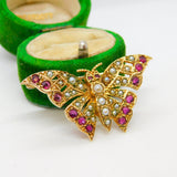 9ct Yellow Gold Ruby & Seed Pearl Butterfly Brooch Antique c1920 Art Deco