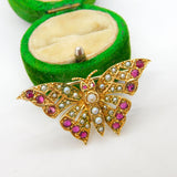 9ct Yellow Gold Ruby & Seed Pearl Butterfly Brooch Antique c1920 Art Deco