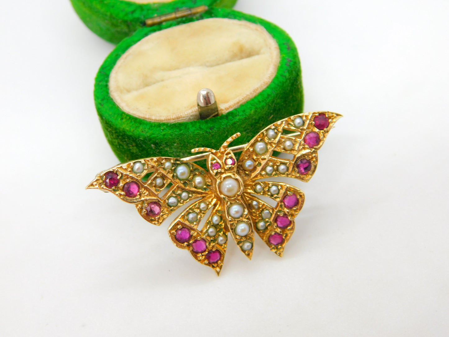 9ct Yellow Gold Ruby & Seed Pearl Butterfly Brooch Antique c1920 Art Deco