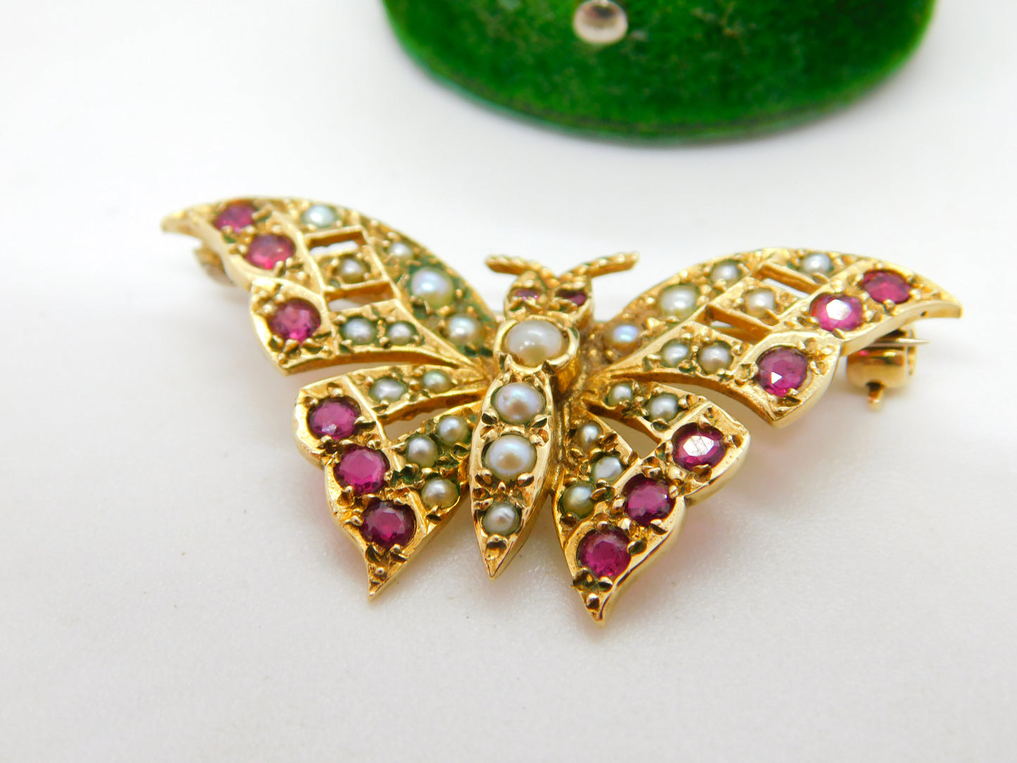 9ct Yellow Gold Ruby & Seed Pearl Butterfly Brooch Antique c1920 Art Deco