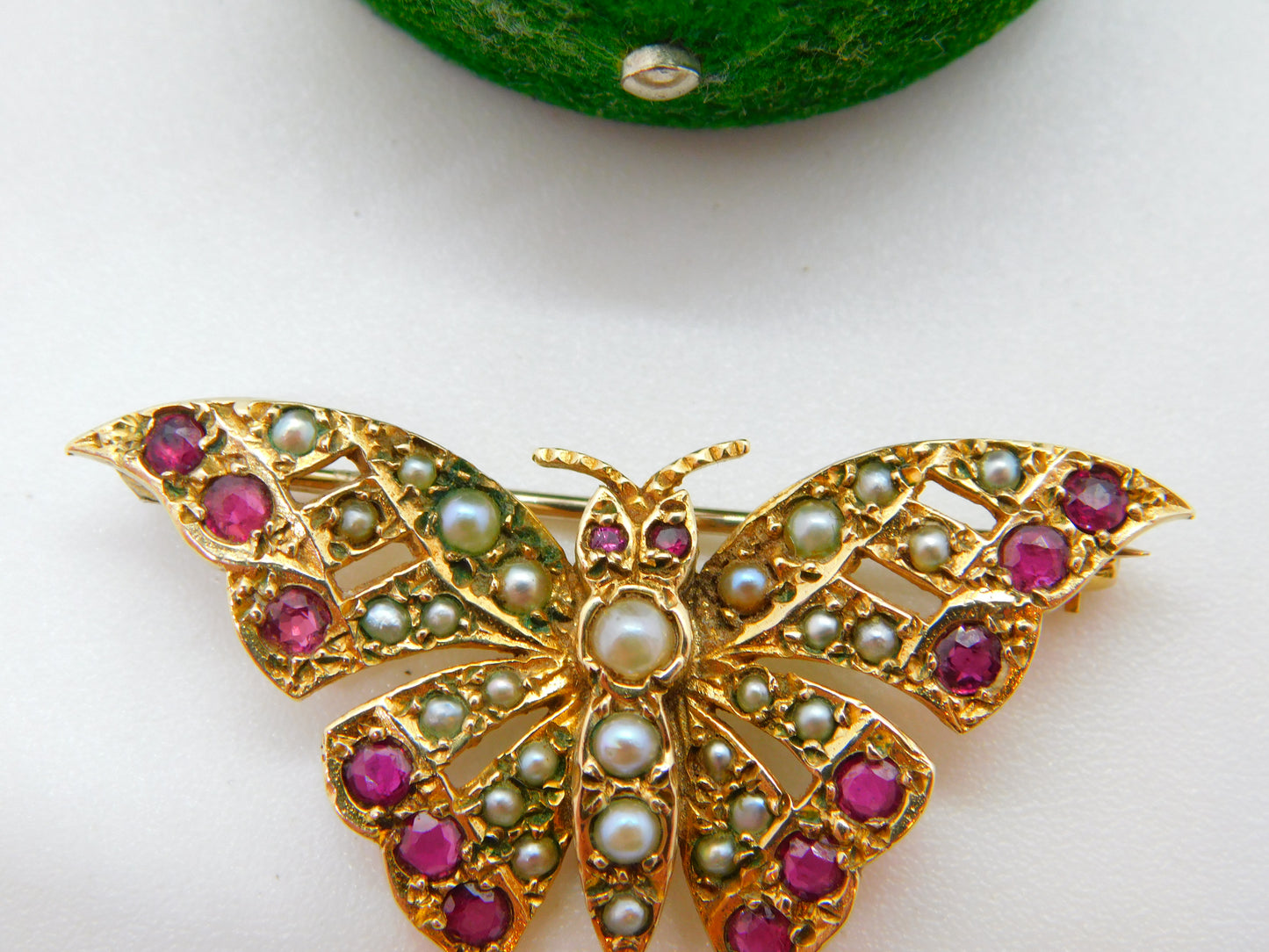 9ct Yellow Gold Ruby & Seed Pearl Butterfly Brooch Antique c1920 Art Deco