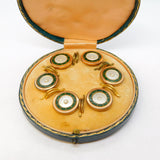 Victorian Rolled Gold, Enamel, Mother of Pearl Boxed Dress Stud or Button Set Antique c1890