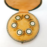Victorian Rolled Gold, Enamel, Mother of Pearl Boxed Dress Stud or Button Set Antique c1890