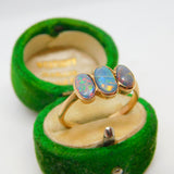 Victorian 9ct Rose Gold Three Stone Doublet Opal Dress Ring Antique c1900