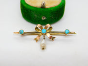 Victorian 9ct Gold, Turquoise & Pearl Sweetheart Bow Brooch Antique c1890
