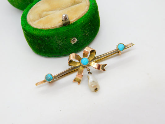 Victorian 9ct Gold, Turquoise & Pearl Sweetheart Bow Brooch Antique c1890