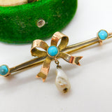 Victorian 9ct Gold, Turquoise & Pearl Sweetheart Bow Brooch Antique c1890