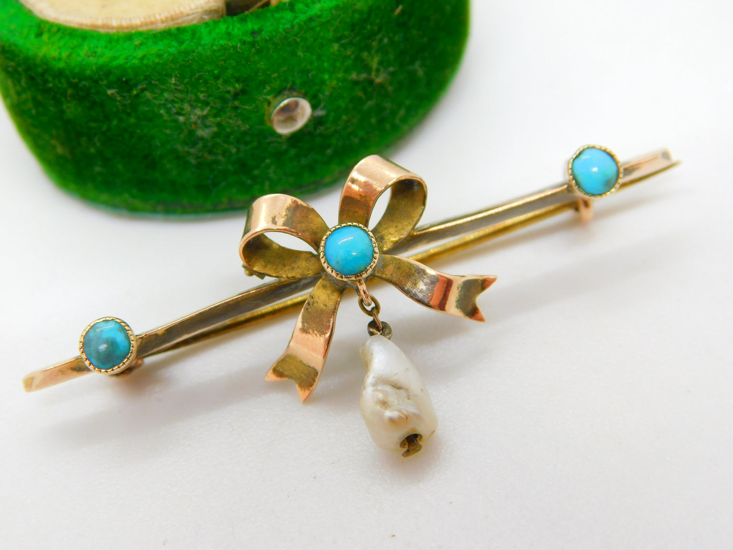 Victorian 9ct Gold, Turquoise & Pearl Sweetheart Bow Brooch Antique c1890