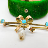 Victorian 9ct Gold, Turquoise & Pearl Sweetheart Bow Brooch Antique c1890