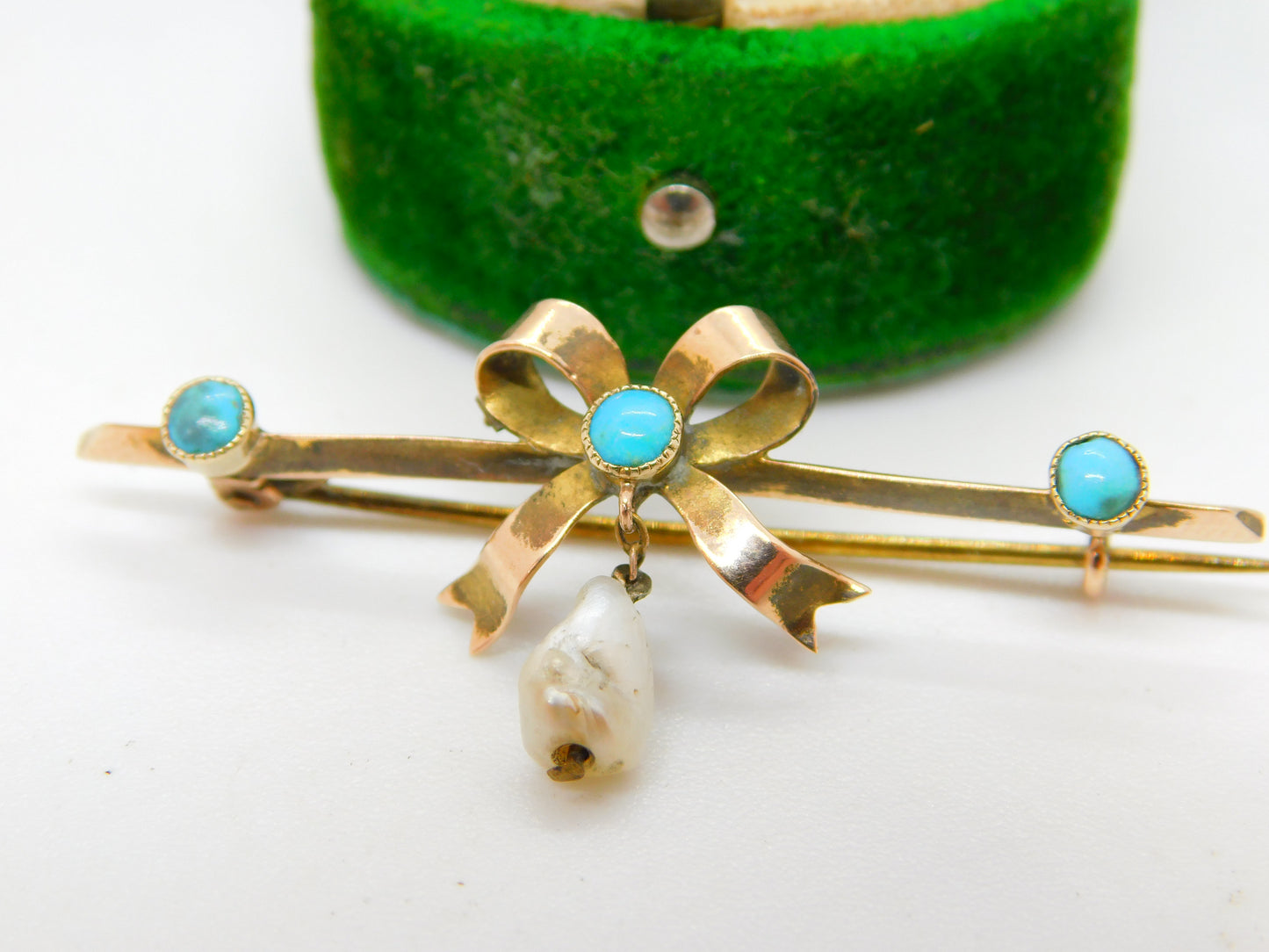 Victorian 9ct Gold, Turquoise & Pearl Sweetheart Bow Brooch Antique c1890