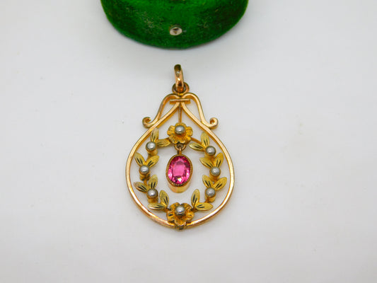 Edwardian Rolled Gold Seed Pearl & Paste Lavalier Drop Pendant Antique c1910