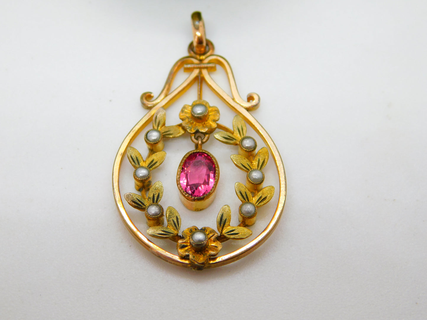 Edwardian Rolled Gold Seed Pearl & Paste Lavalier Drop Pendant Antique c1910