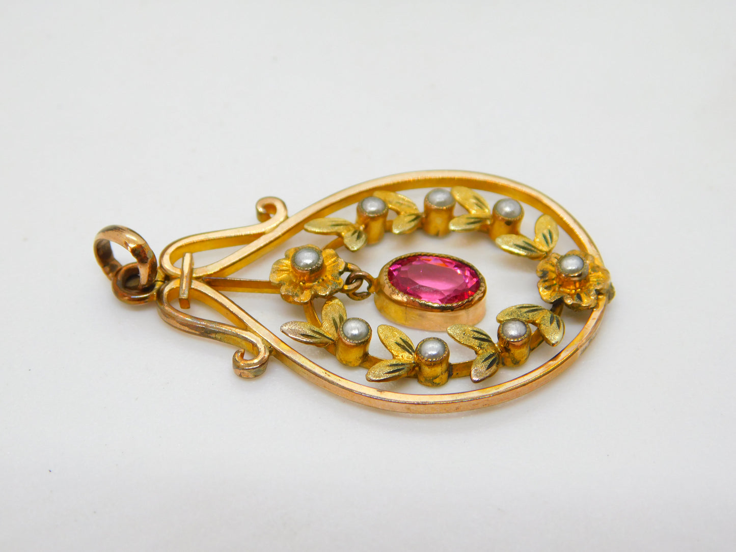 Edwardian Rolled Gold Seed Pearl & Paste Lavalier Drop Pendant Antique c1910