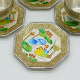 Japanese .999 Pure Silver Enamel Birds & Floral Tea Cup Set Vintage 1985 Boxed