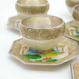 Japanese .999 Pure Silver Enamel Birds & Floral Tea Cup Set Vintage 1985 Boxed