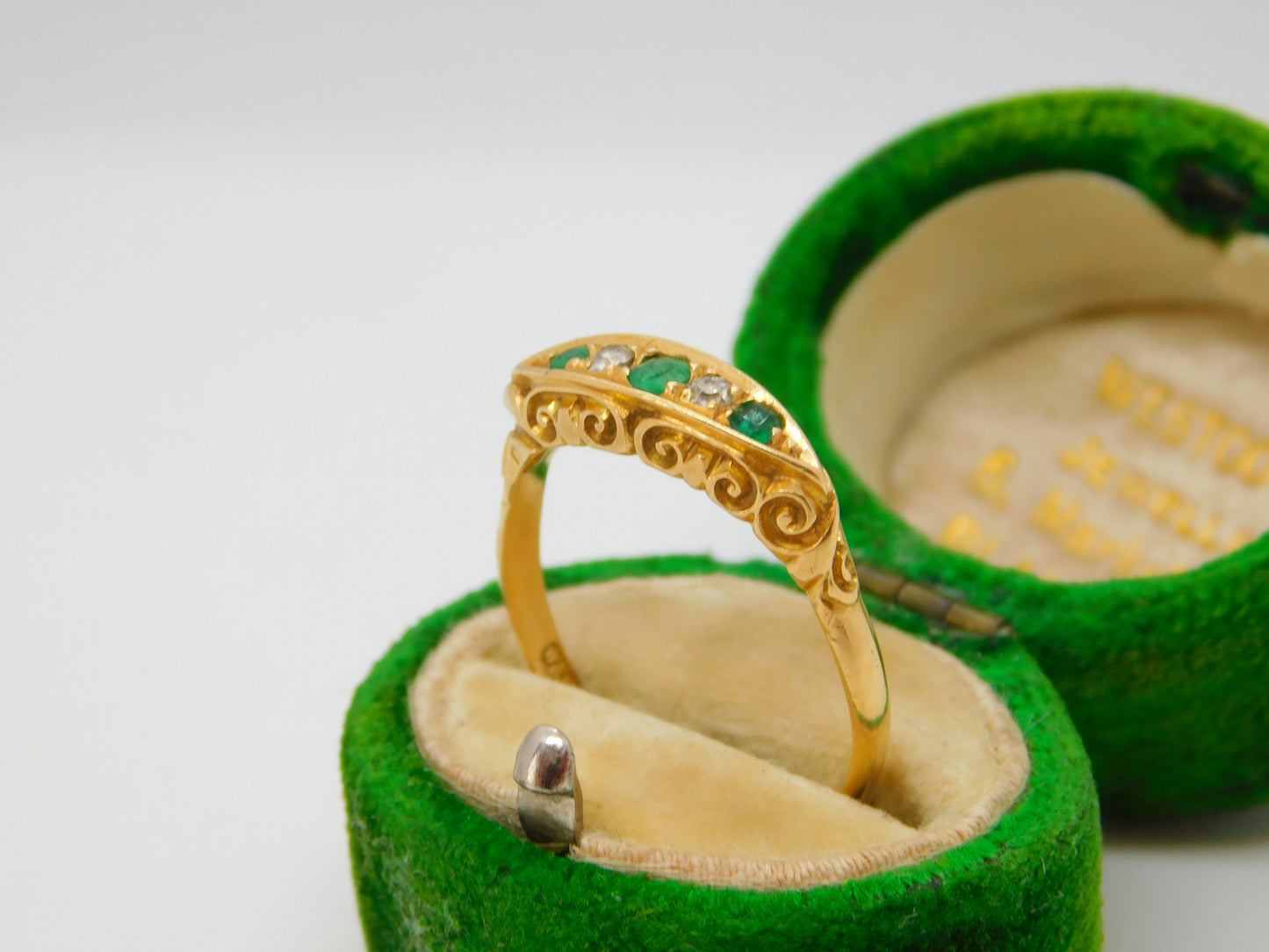 Victorian 18ct Gold, Emerald & Diamond Boat Ring Antique 1870 Birmingham