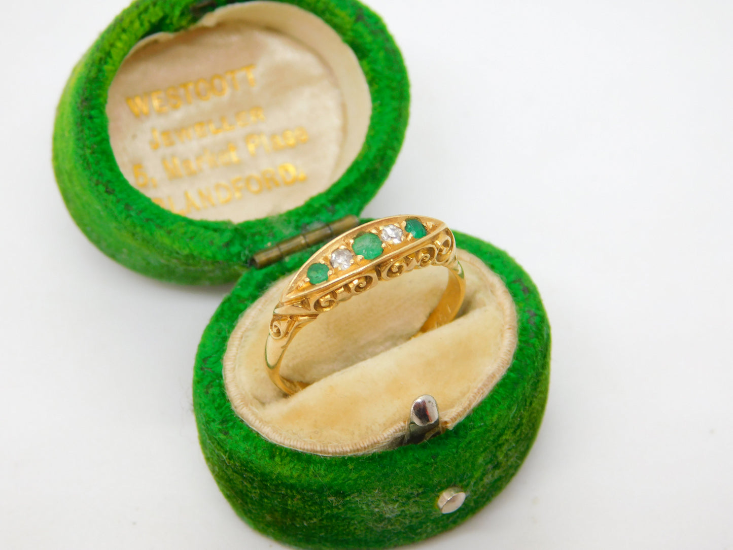 Victorian 18ct Gold, Emerald & Diamond Boat Ring Antique 1870 Birmingham