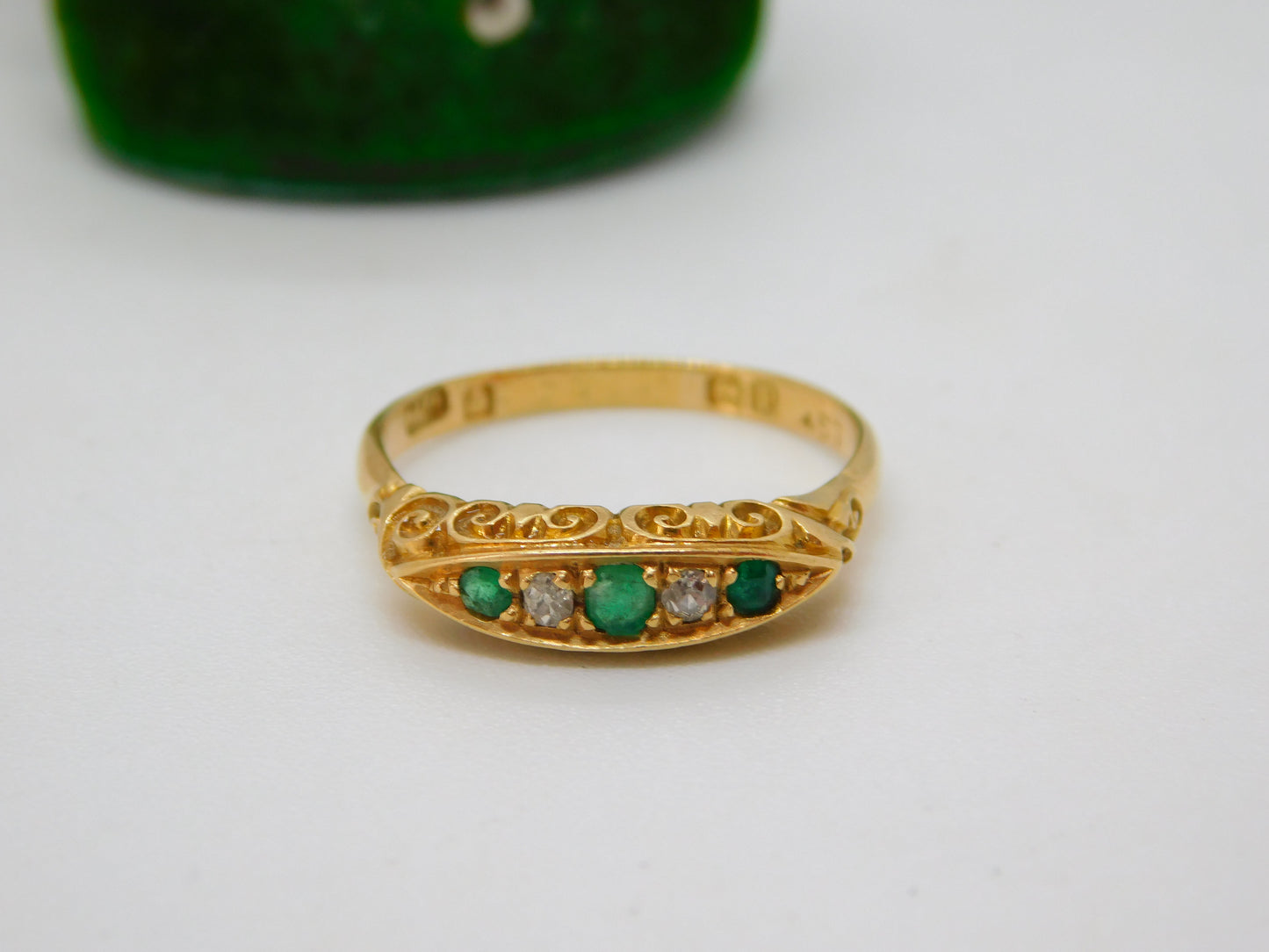 Victorian 18ct Gold, Emerald & Diamond Boat Ring Antique 1870 Birmingham