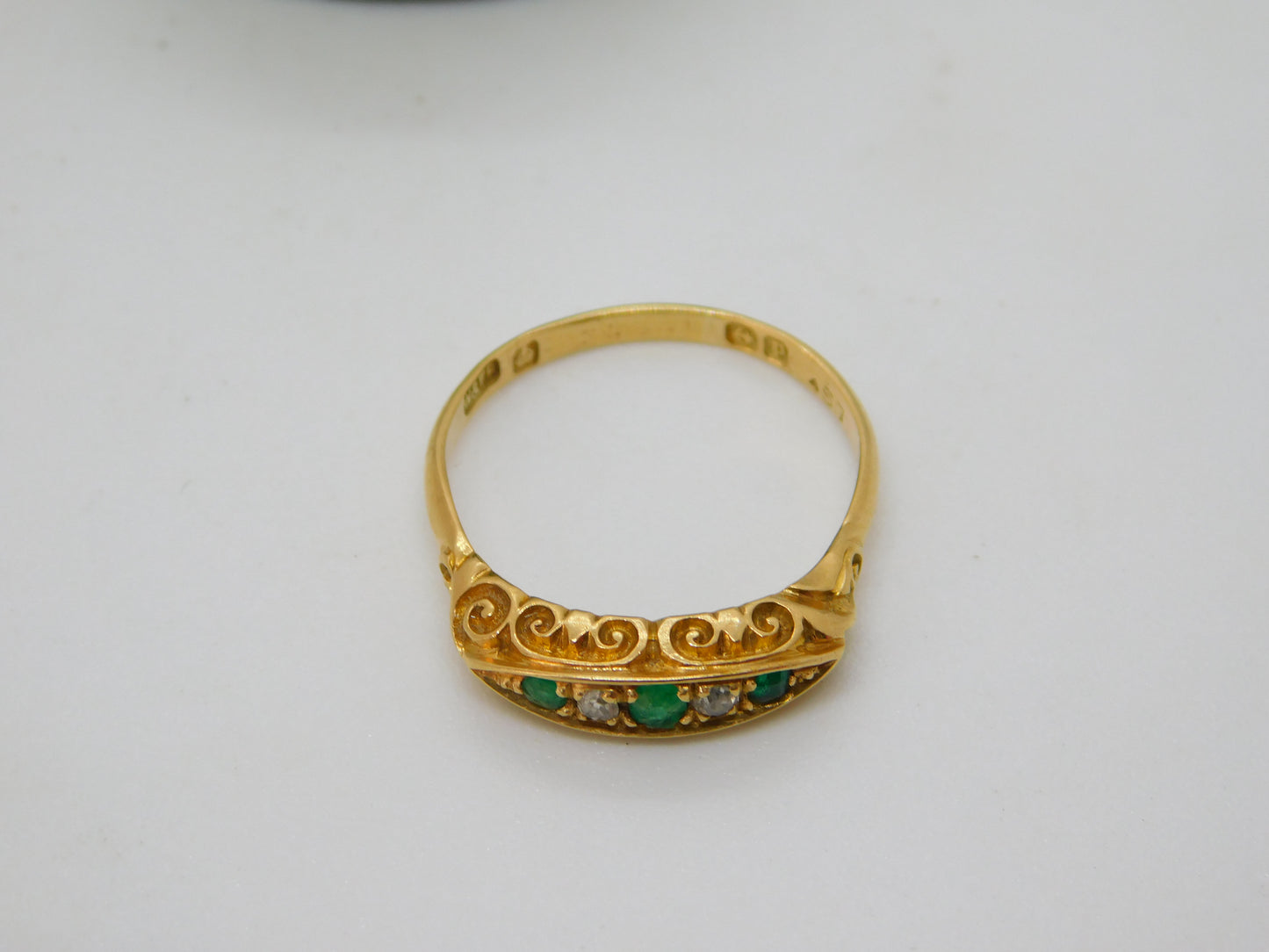 Victorian 18ct Gold, Emerald & Diamond Boat Ring Antique 1870 Birmingham