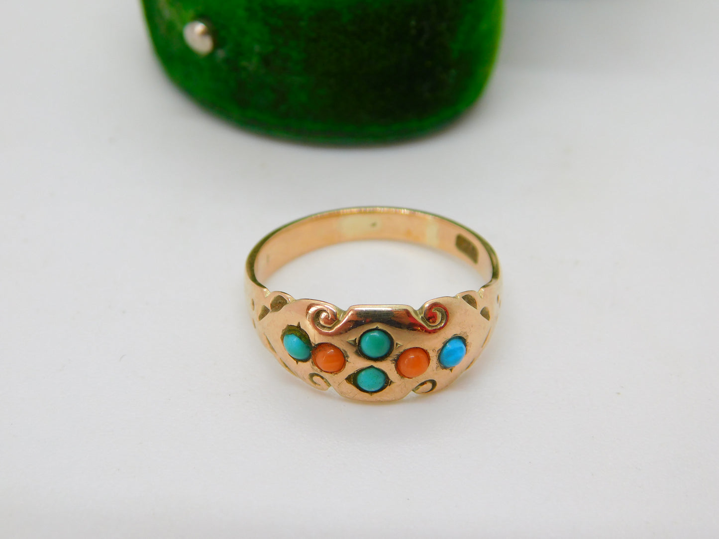 Victorian 9ct Rose Gold, Turquoise & Coral Dress Ring Antique c1880