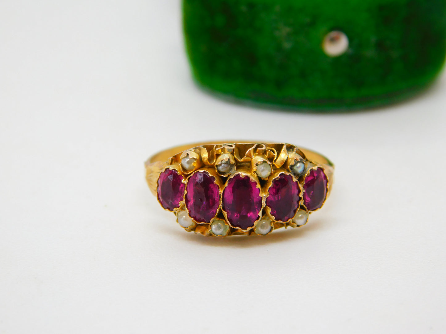 Georgian 18ct Yellow Gold, Garnet & Seed Pearl Dress Ring Antique c1830 Regency