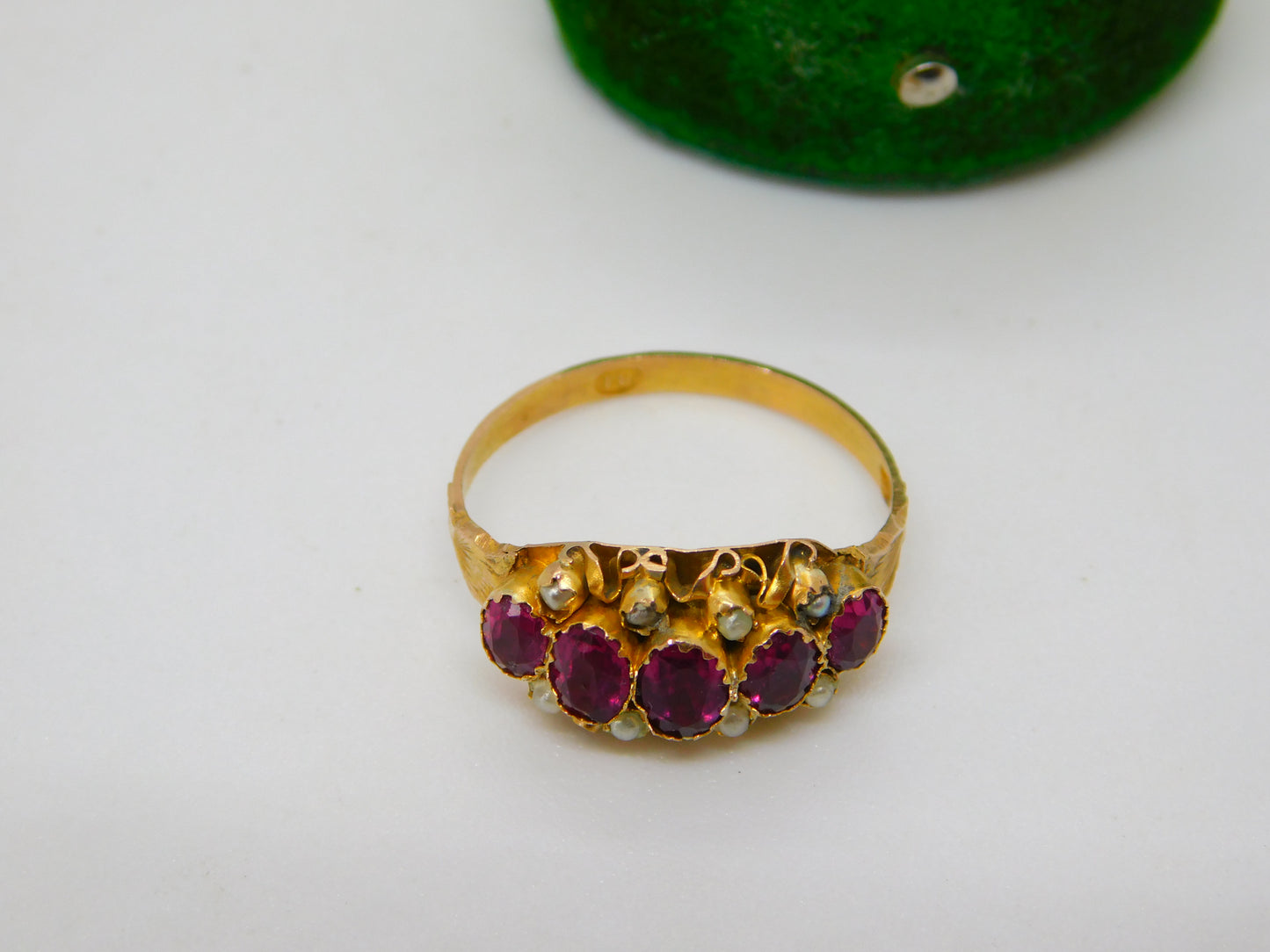 Georgian 18ct Yellow Gold, Garnet & Seed Pearl Dress Ring Antique c1830 Regency