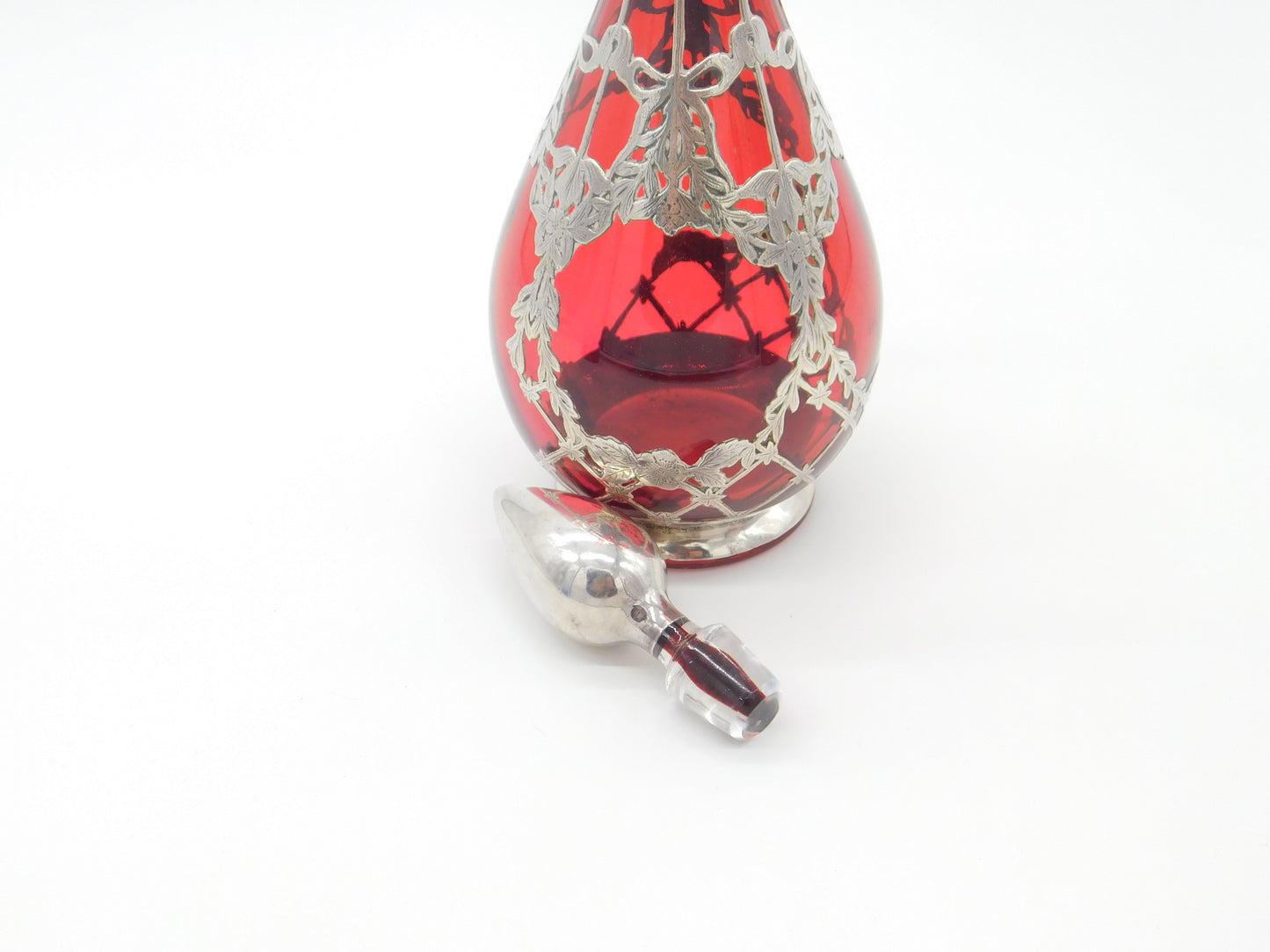 Victorian Cranberry Glass & Sterling Silver Overlaid Decanter Antique 1901 Bham