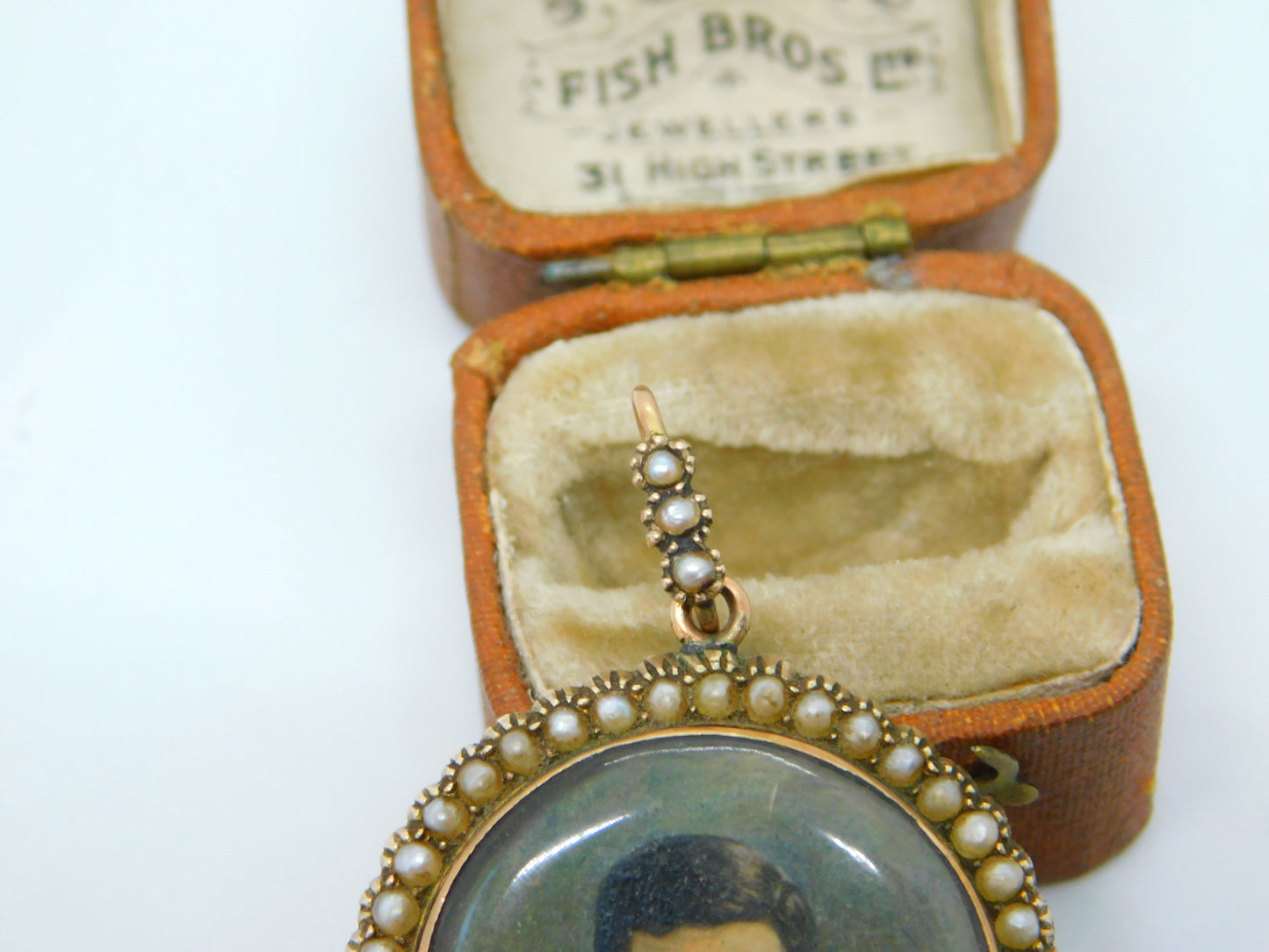 Victorian 9ct Gold Seed Pearl Watercolour Miniature Mourning Pendant Antique