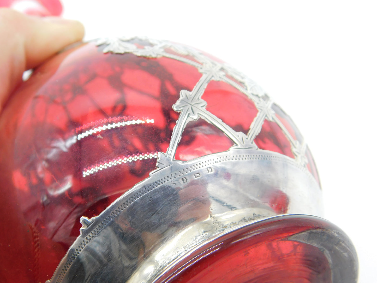 Victorian Cranberry Glass & Sterling Silver Overlaid Decanter Antique 1901 Bham