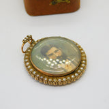 Victorian 9ct Gold Seed Pearl Watercolour Miniature Mourning Pendant Antique