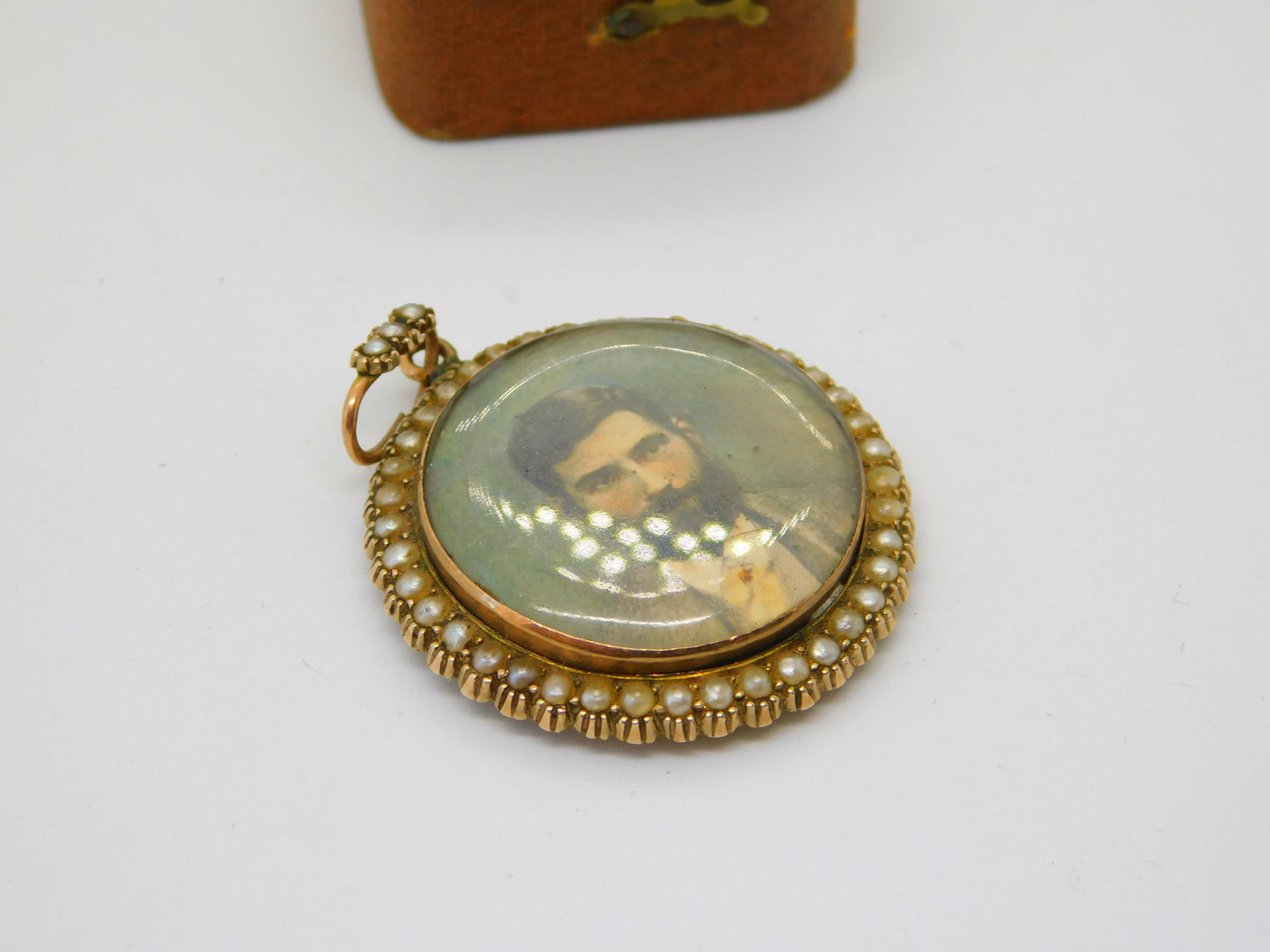 Victorian 9ct Gold Seed Pearl Watercolour Miniature Mourning Pendant Antique