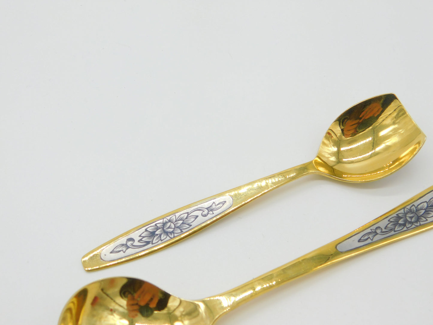 Russian Sterling Silver Gilt & Niello Enamel Sugar Scoop & Spoon Vintage Soviet c1970