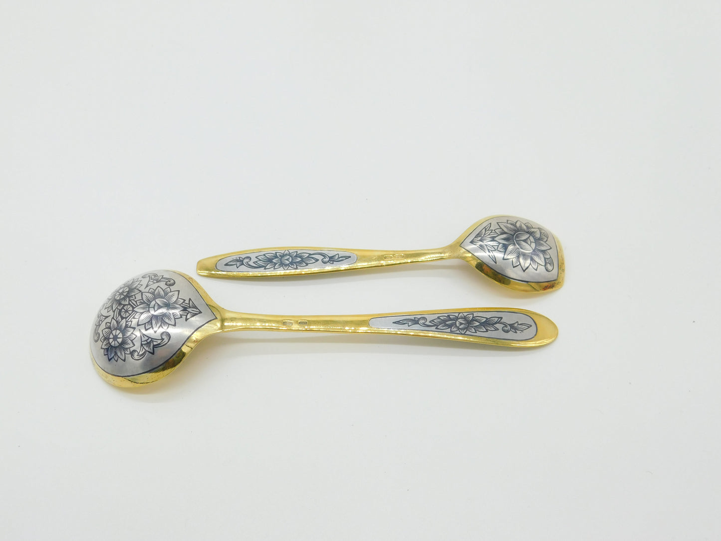 Russian Sterling Silver Gilt & Niello Enamel Sugar Scoop & Spoon Vintage Soviet c1970