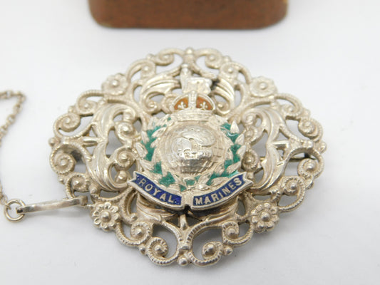 WWII-era Sterling Silver Enamel 'Royal Marines' Sweetheart Brooch Antique c1940