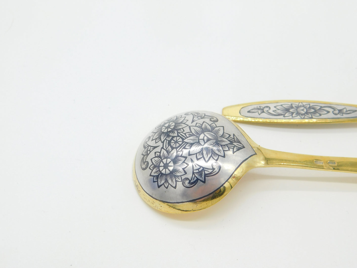 Russian Sterling Silver Gilt & Niello Enamel Sugar Scoop & Spoon Vintage Soviet c1970