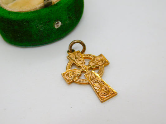 9ct Yellow Gold Floral Pattern Celtic Cross Pendant Antique 1911 Birmingham