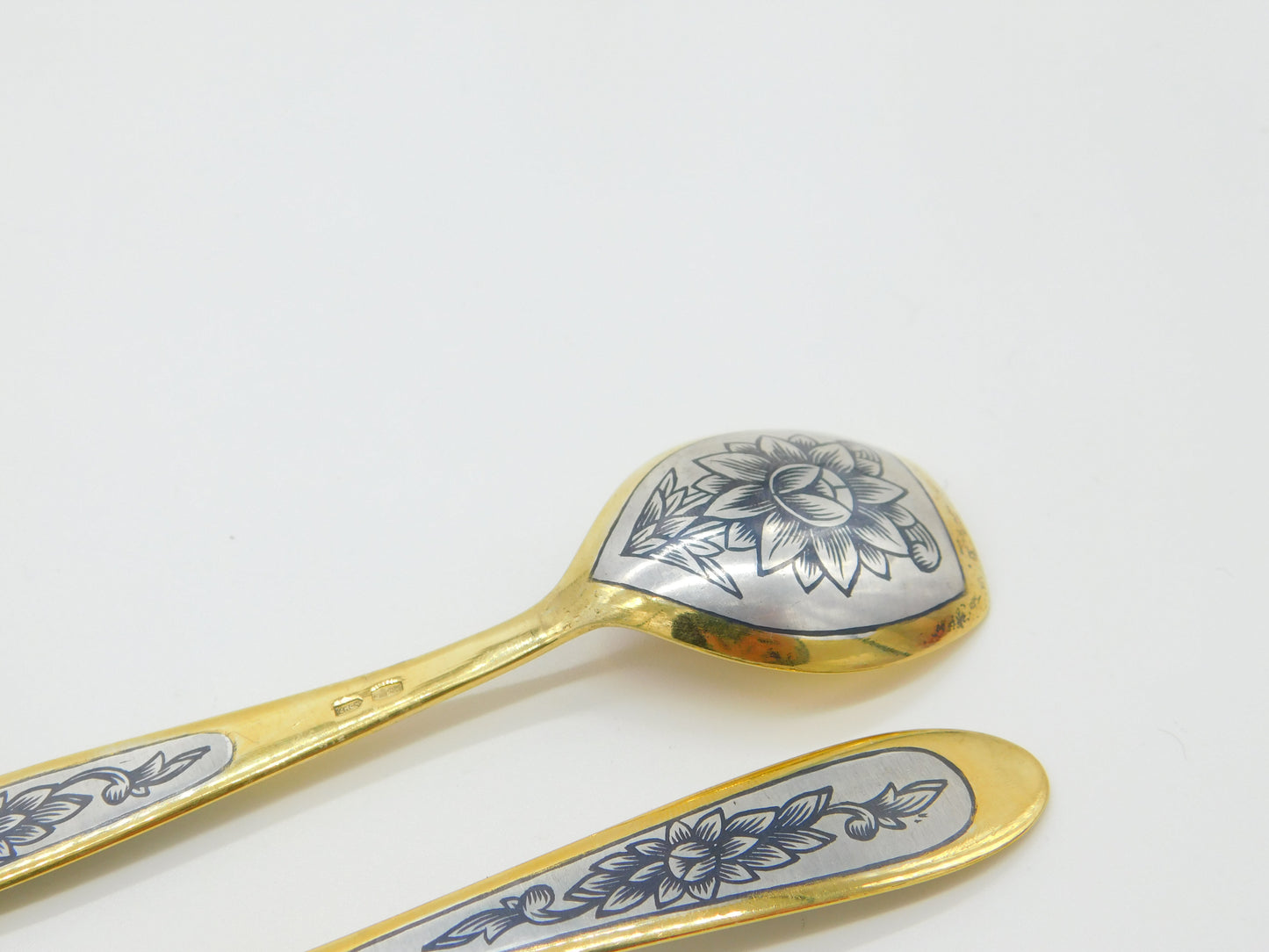 Russian Sterling Silver Gilt & Niello Enamel Sugar Scoop & Spoon Vintage Soviet c1970