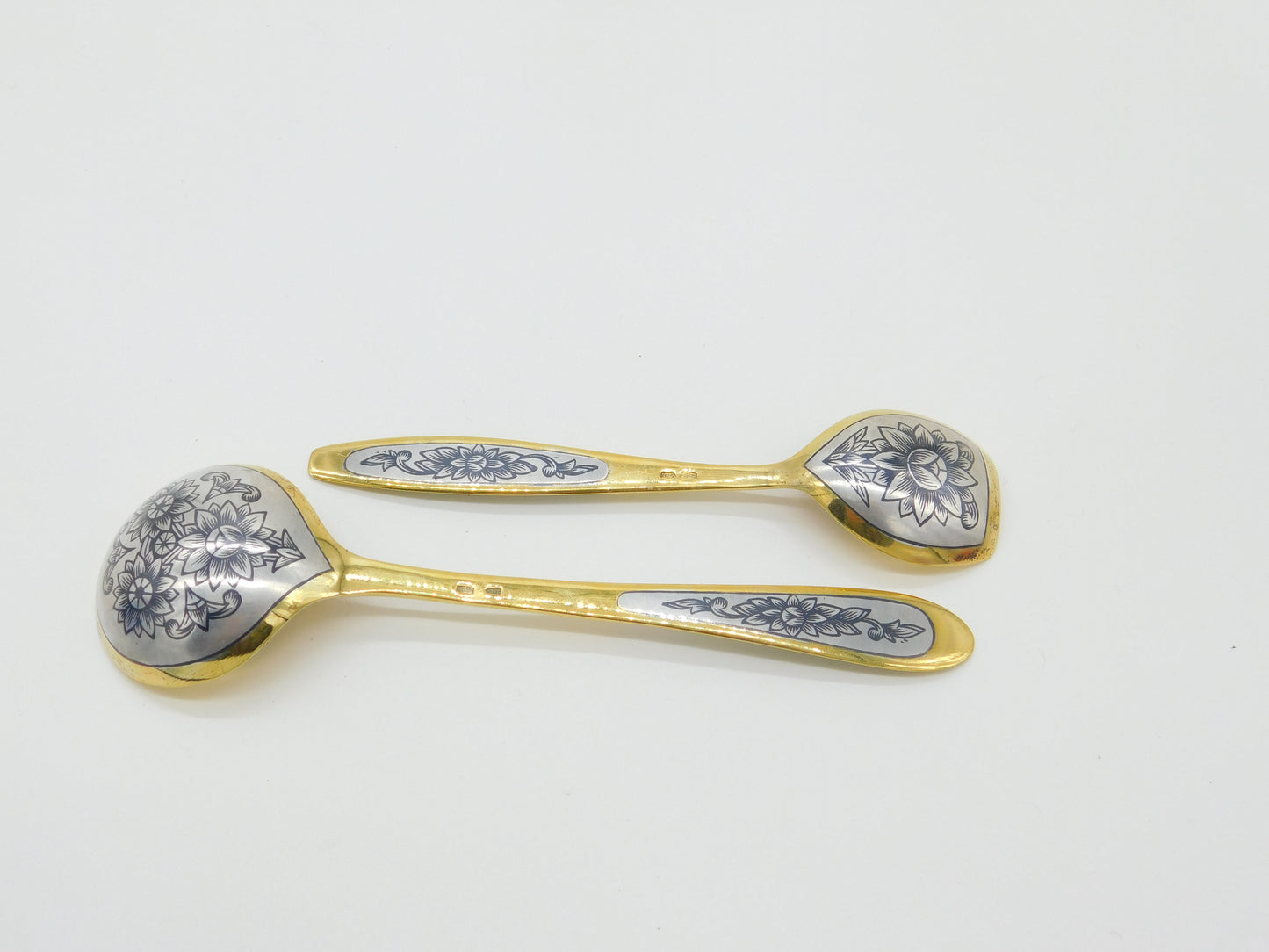 Russian Sterling Silver Gilt & Niello Enamel Sugar Scoop & Spoon Vintage Soviet c1970