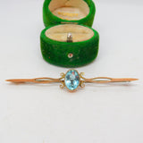 Edwardian 9ct Rose Gold Blue Topaz Floral Bar Brooch Antique c1910
