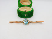 Edwardian 9ct Rose Gold Blue Topaz Floral Bar Brooch Antique c1910