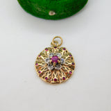 9ct Yellow Gold, Ruby & Diamond Floral Drop Pendant Vintage c1970