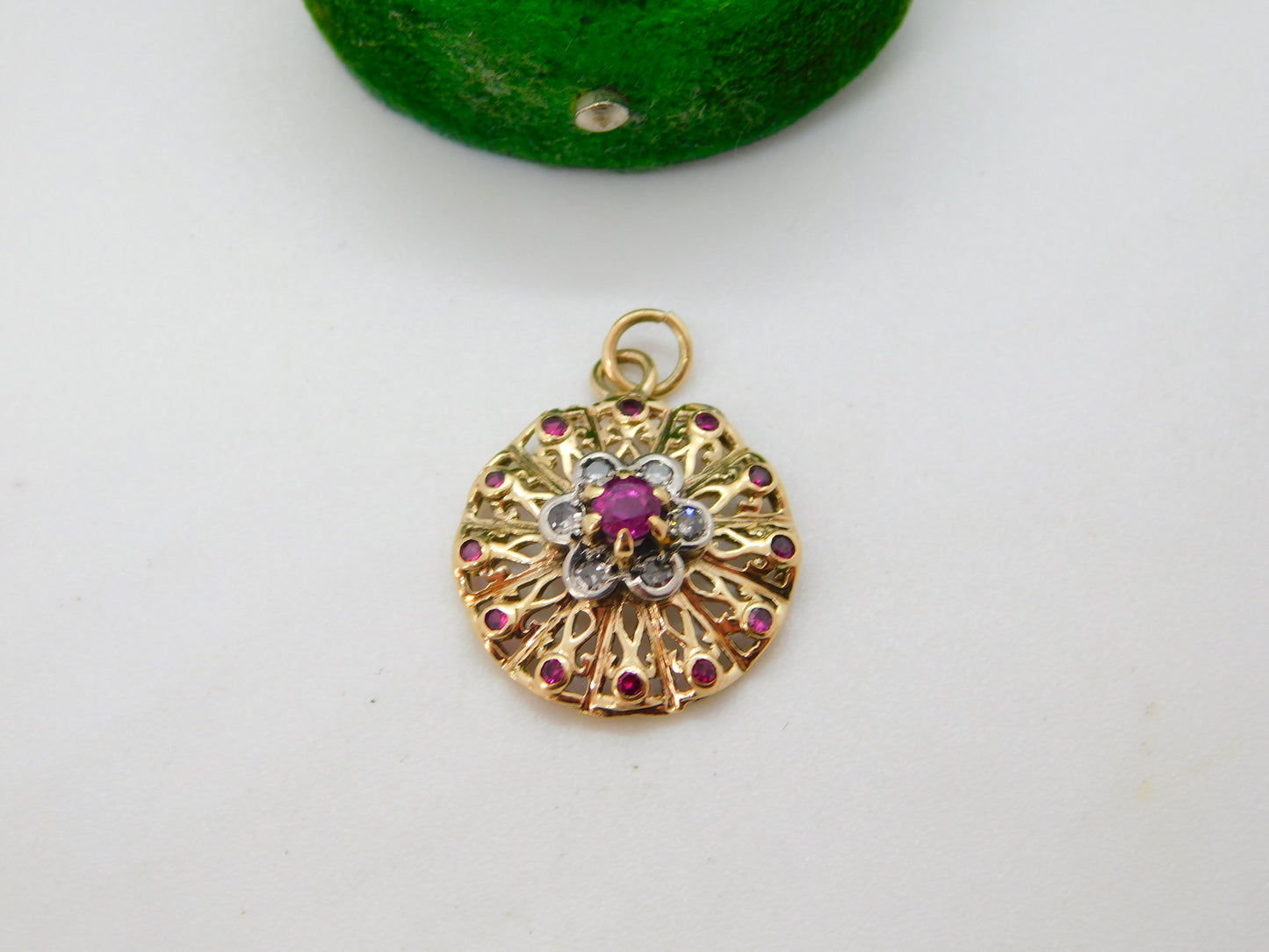 9ct Yellow Gold, Ruby & Diamond Floral Drop Pendant Vintage c1970