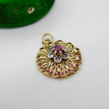 9ct Yellow Gold, Ruby & Diamond Floral Drop Pendant Vintage c1970