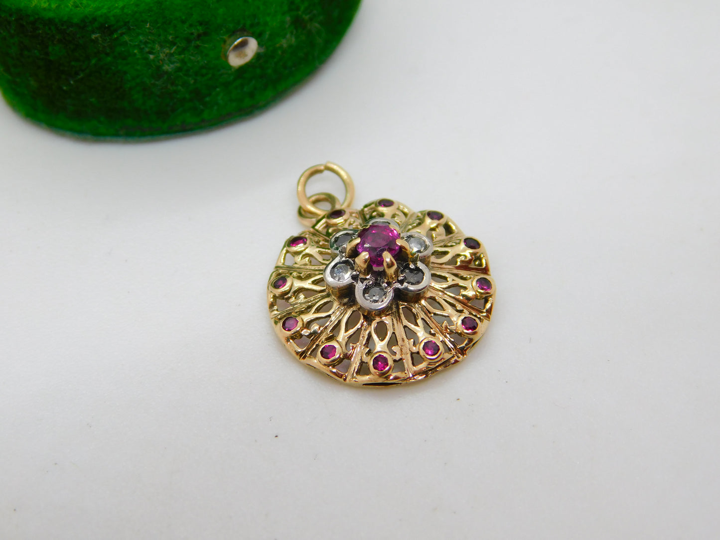 9ct Yellow Gold, Ruby & Diamond Floral Drop Pendant Vintage c1970