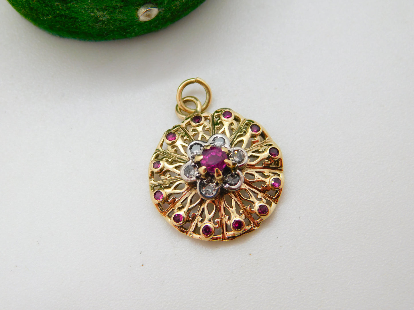 9ct Yellow Gold, Ruby & Diamond Floral Drop Pendant Vintage c1970